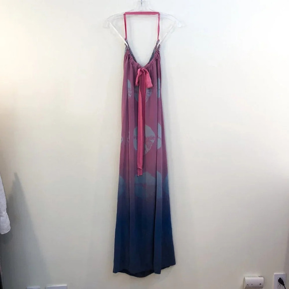 Gypsy 05 100% Silk Pink Purple Ombre Tie Dye Pattern Adjustable Halter Dress S - Picture 8 of 13